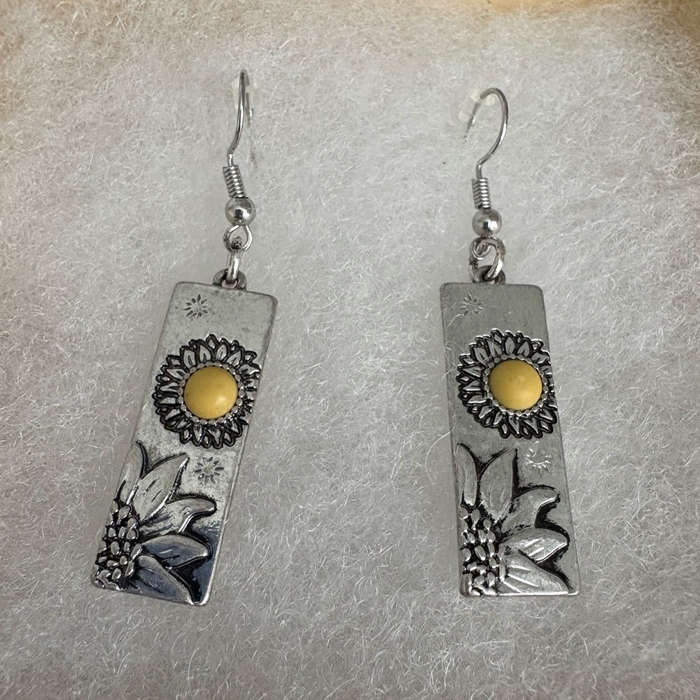 Sunflower Silver and Yellow Earrings on Hoops